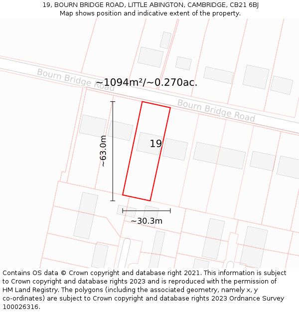 19, BOURN BRIDGE ROAD, LITTLE ABINGTON, CAMBRIDGE, CB21 6BJ: Plot and title map