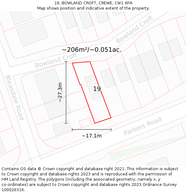 19, BOWLAND CROFT, CREWE, CW1 4PA: Plot and title map