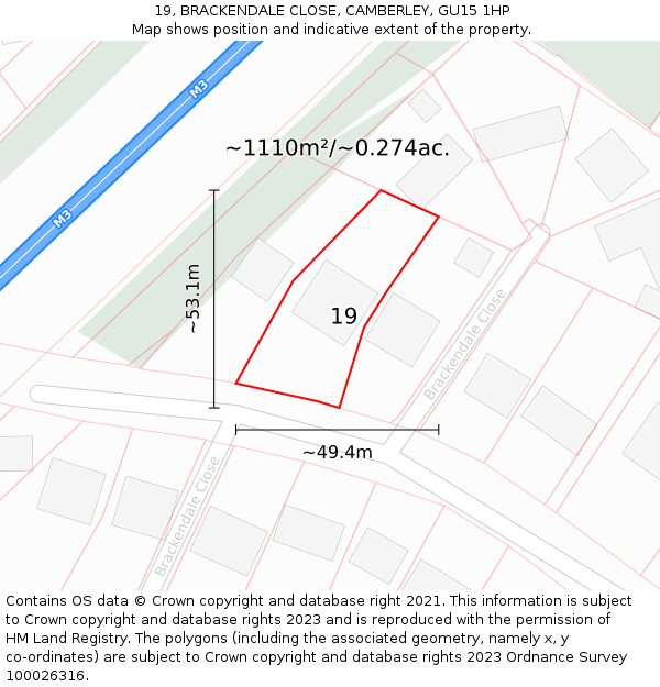 19, BRACKENDALE CLOSE, CAMBERLEY, GU15 1HP: Plot and title map