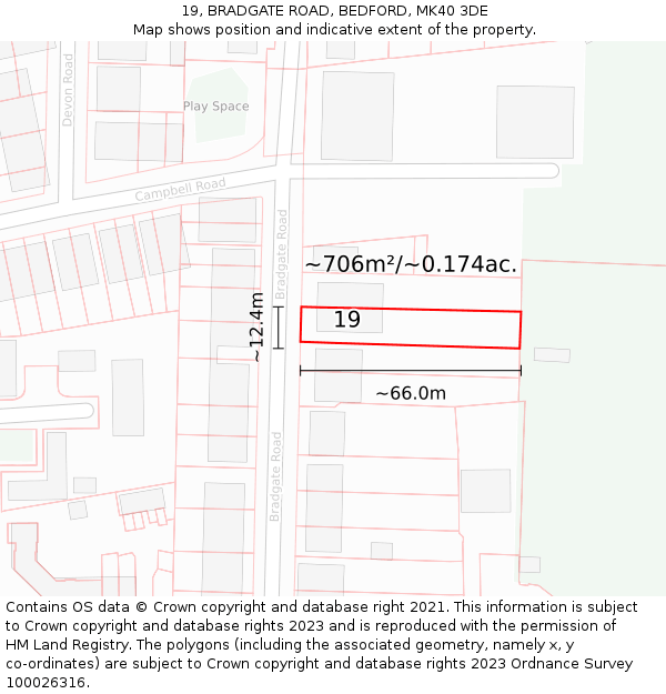 19, BRADGATE ROAD, BEDFORD, MK40 3DE: Plot and title map