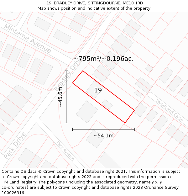 19, BRADLEY DRIVE, SITTINGBOURNE, ME10 1RB: Plot and title map