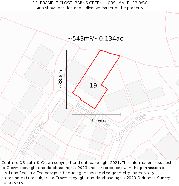 19, BRAMBLE CLOSE, BARNS GREEN, HORSHAM, RH13 0AW: Plot and title map