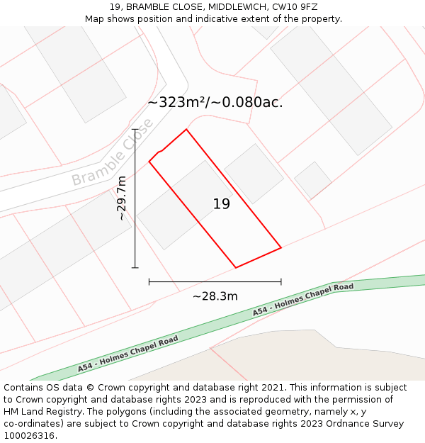 19, BRAMBLE CLOSE, MIDDLEWICH, CW10 9FZ: Plot and title map