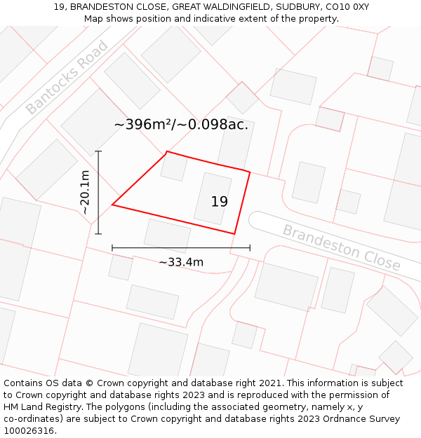 19, BRANDESTON CLOSE, GREAT WALDINGFIELD, SUDBURY, CO10 0XY: Plot and title map