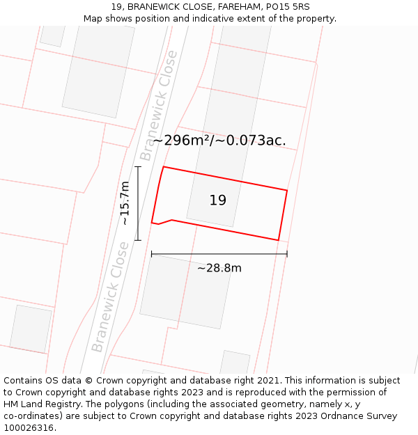 19, BRANEWICK CLOSE, FAREHAM, PO15 5RS: Plot and title map