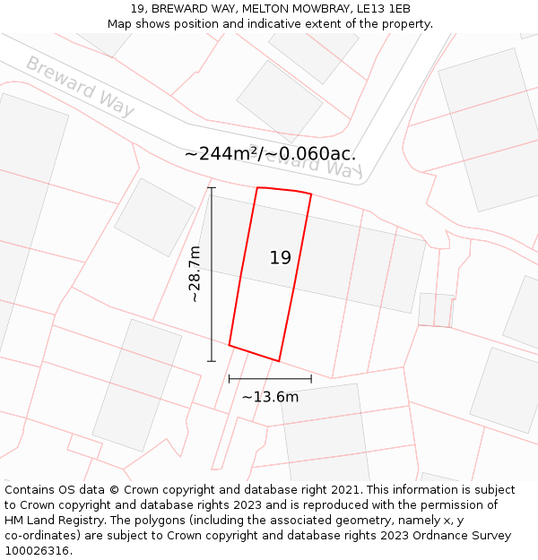 19, BREWARD WAY, MELTON MOWBRAY, LE13 1EB: Plot and title map