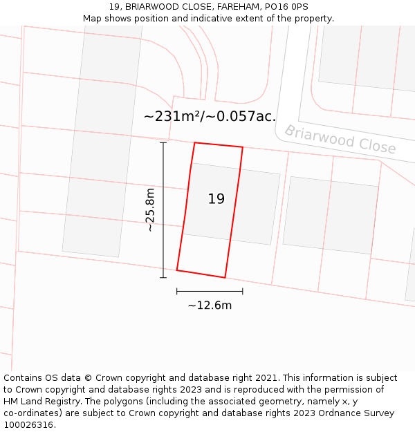 19, BRIARWOOD CLOSE, FAREHAM, PO16 0PS: Plot and title map