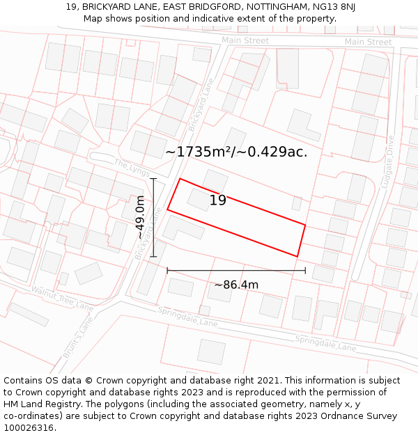 19, BRICKYARD LANE, EAST BRIDGFORD, NOTTINGHAM, NG13 8NJ: Plot and title map