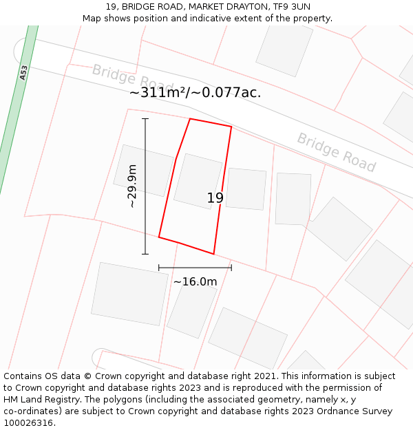 19, BRIDGE ROAD, MARKET DRAYTON, TF9 3UN: Plot and title map