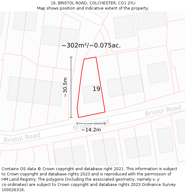 19, BRISTOL ROAD, COLCHESTER, CO1 2YU: Plot and title map