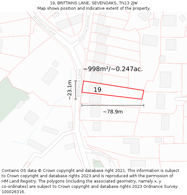 19, BRITTAINS LANE, SEVENOAKS, TN13 2JW: Plot and title map