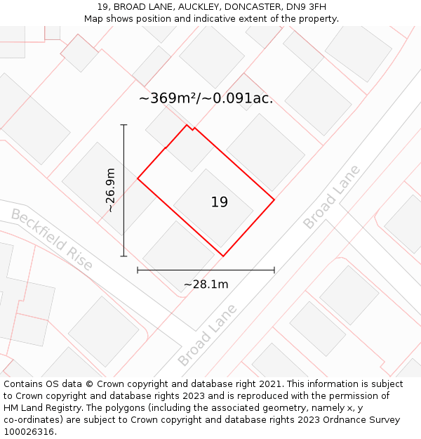 19, BROAD LANE, AUCKLEY, DONCASTER, DN9 3FH: Plot and title map