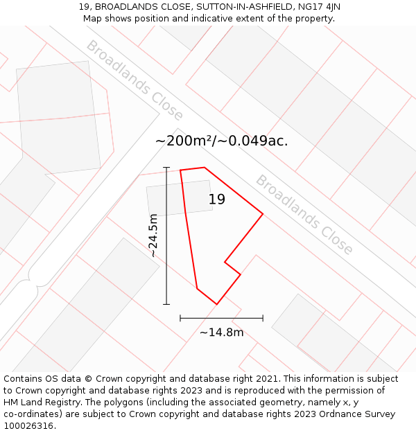 19, BROADLANDS CLOSE, SUTTON-IN-ASHFIELD, NG17 4JN: Plot and title map