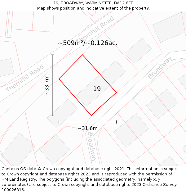 19, BROADWAY, WARMINSTER, BA12 8EB: Plot and title map