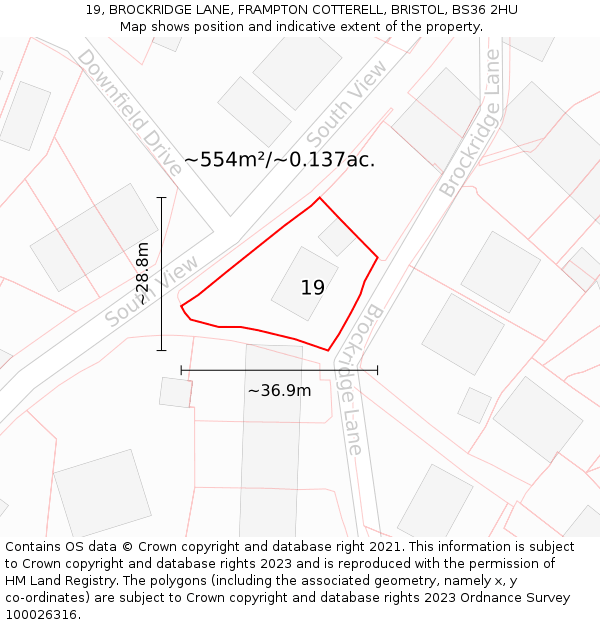 19, BROCKRIDGE LANE, FRAMPTON COTTERELL, BRISTOL, BS36 2HU: Plot and title map