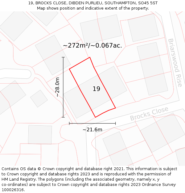 19, BROCKS CLOSE, DIBDEN PURLIEU, SOUTHAMPTON, SO45 5ST: Plot and title map