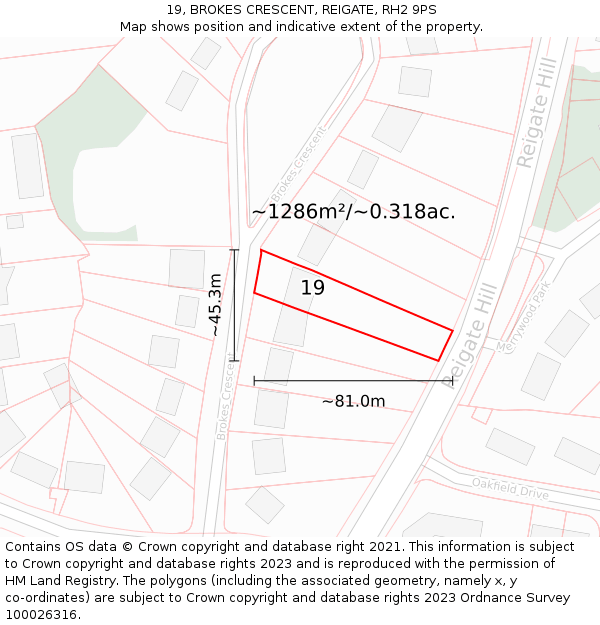 19, BROKES CRESCENT, REIGATE, RH2 9PS: Plot and title map