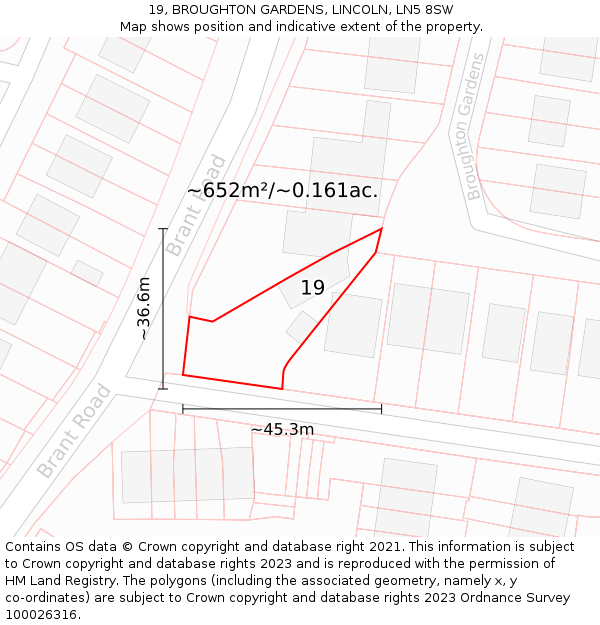 19, BROUGHTON GARDENS, LINCOLN, LN5 8SW: Plot and title map