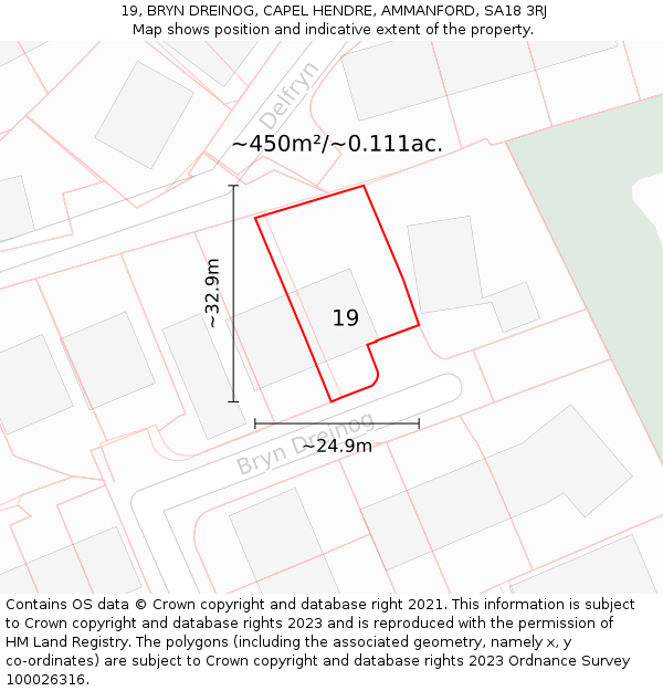 19, BRYN DREINOG, CAPEL HENDRE, AMMANFORD, SA18 3RJ: Plot and title map