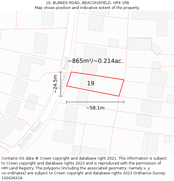 19, BURKES ROAD, BEACONSFIELD, HP9 1PB: Plot and title map