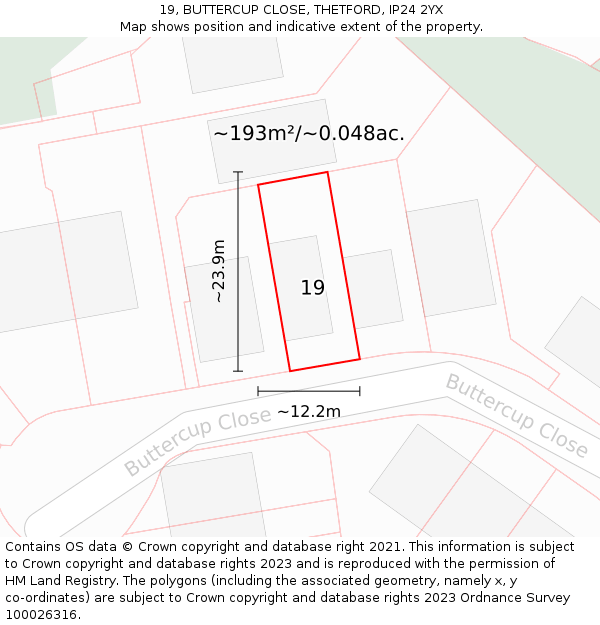 19, BUTTERCUP CLOSE, THETFORD, IP24 2YX: Plot and title map