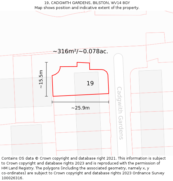 19, CADGWITH GARDENS, BILSTON, WV14 8GY: Plot and title map