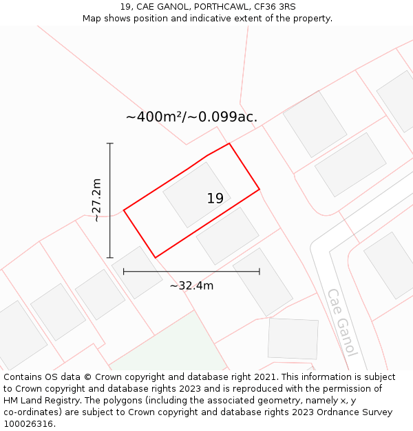 19, CAE GANOL, PORTHCAWL, CF36 3RS: Plot and title map