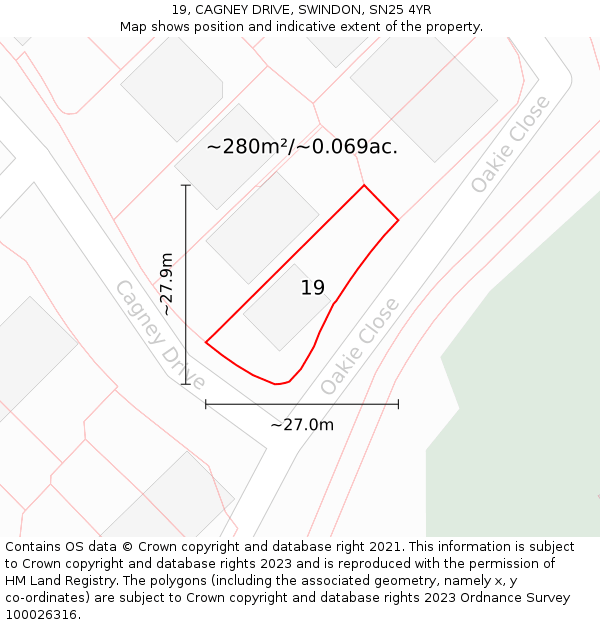 19, CAGNEY DRIVE, SWINDON, SN25 4YR: Plot and title map