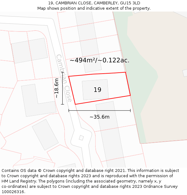 19, CAMBRIAN CLOSE, CAMBERLEY, GU15 3LD: Plot and title map