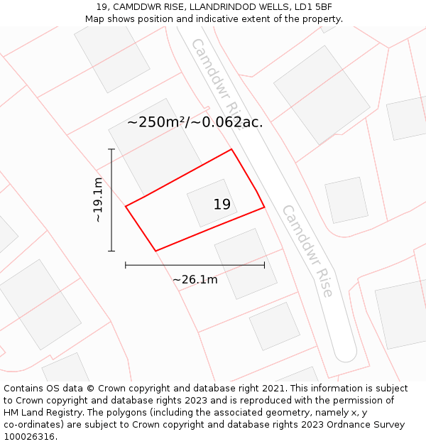 19, CAMDDWR RISE, LLANDRINDOD WELLS, LD1 5BF: Plot and title map