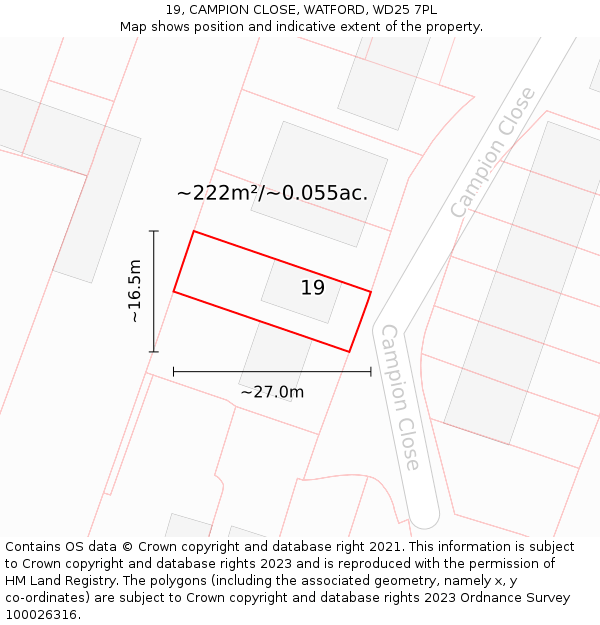 19, CAMPION CLOSE, WATFORD, WD25 7PL: Plot and title map