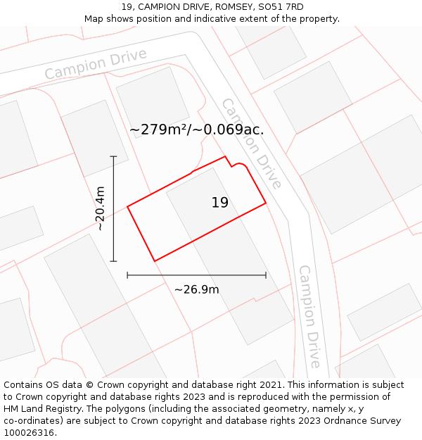 19, CAMPION DRIVE, ROMSEY, SO51 7RD: Plot and title map