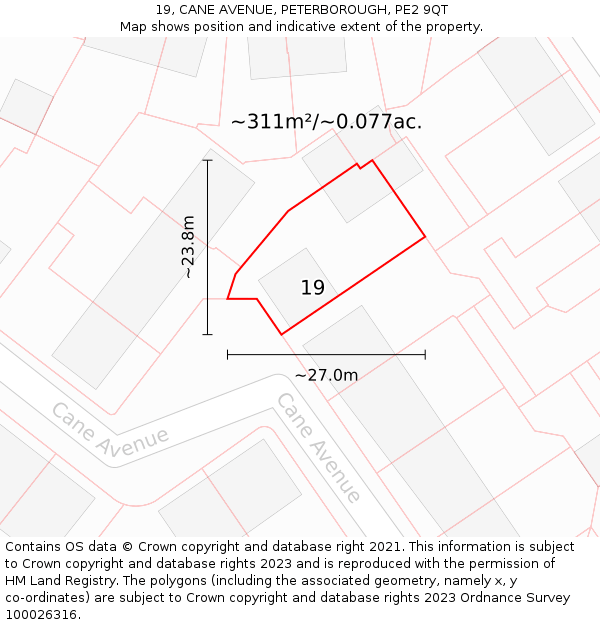 19, CANE AVENUE, PETERBOROUGH, PE2 9QT: Plot and title map