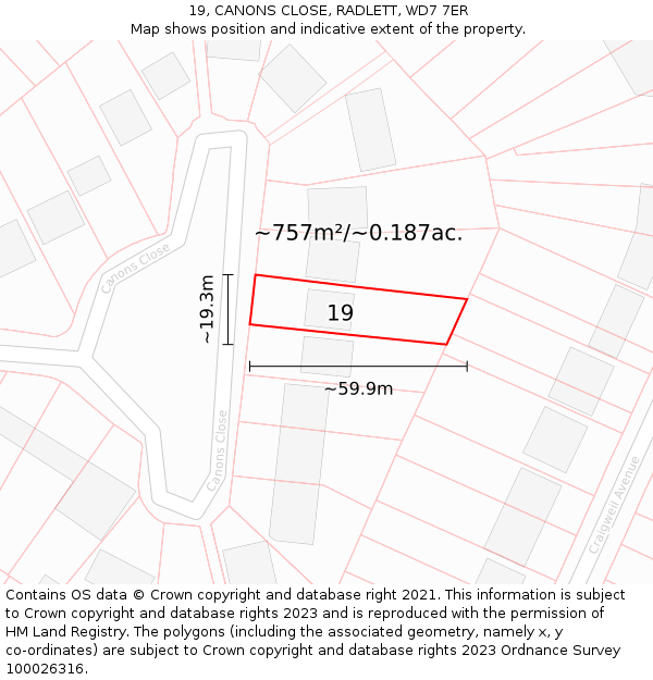 19, CANONS CLOSE, RADLETT, WD7 7ER: Plot and title map