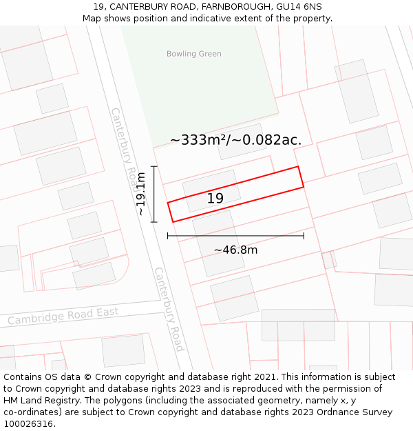 19, CANTERBURY ROAD, FARNBOROUGH, GU14 6NS: Plot and title map