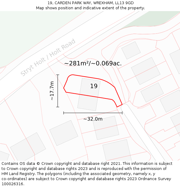 19, CARDEN PARK WAY, WREXHAM, LL13 9GD: Plot and title map