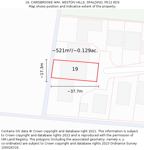 19, CARISBROOKE WAY, WESTON HILLS, SPALDING, PE12 6DS: Plot and title map