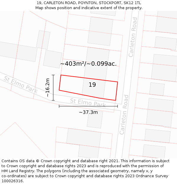 19, CARLETON ROAD, POYNTON, STOCKPORT, SK12 1TL: Plot and title map