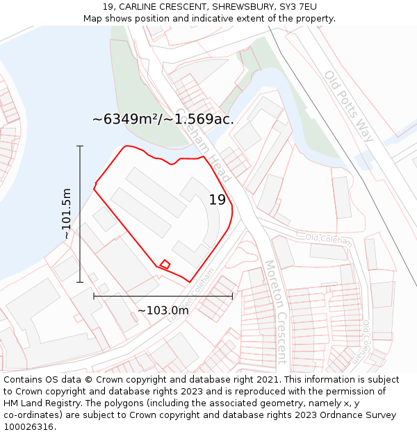 19, CARLINE CRESCENT, SHREWSBURY, SY3 7EU: Plot and title map