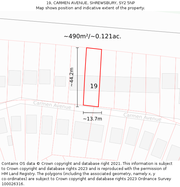 19, CARMEN AVENUE, SHREWSBURY, SY2 5NP: Plot and title map