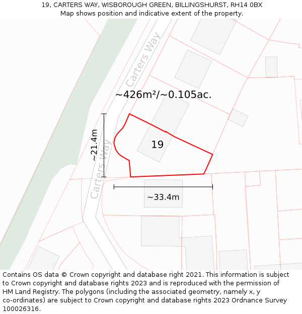 19, CARTERS WAY, WISBOROUGH GREEN, BILLINGSHURST, RH14 0BX: Plot and title map