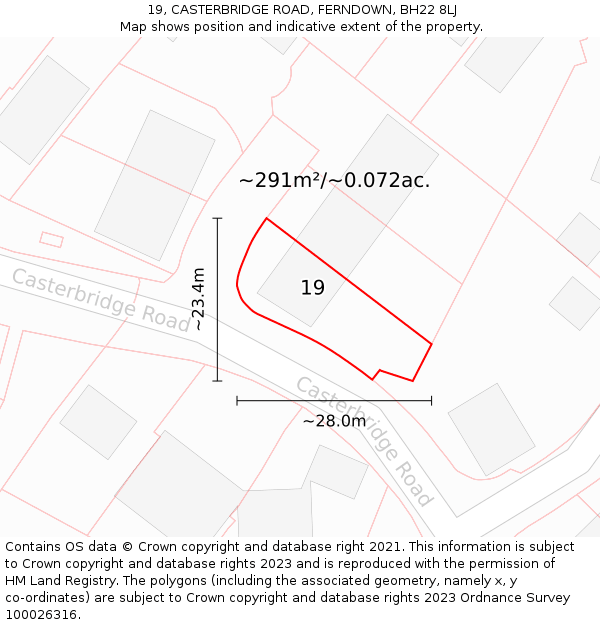 19, CASTERBRIDGE ROAD, FERNDOWN, BH22 8LJ: Plot and title map