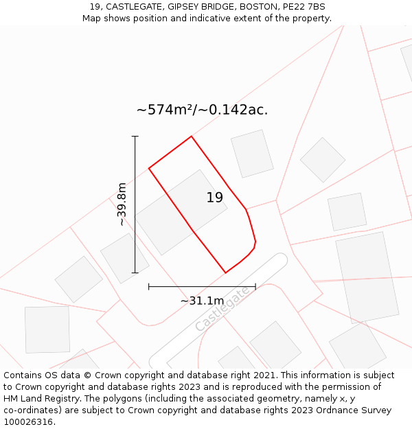 19, CASTLEGATE, GIPSEY BRIDGE, BOSTON, PE22 7BS: Plot and title map