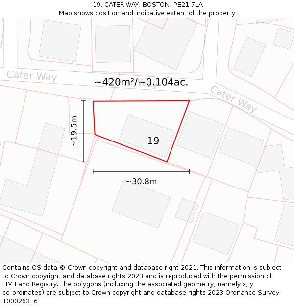 19, CATER WAY, BOSTON, PE21 7LA: Plot and title map