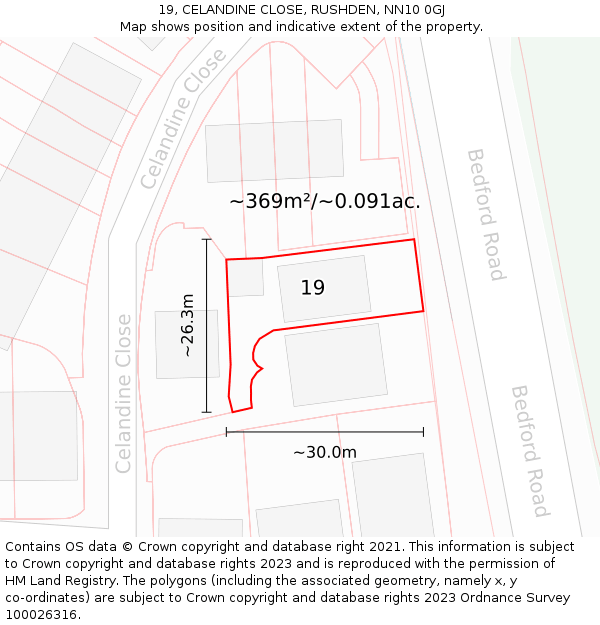 19, CELANDINE CLOSE, RUSHDEN, NN10 0GJ: Plot and title map