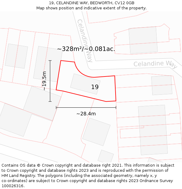 19, CELANDINE WAY, BEDWORTH, CV12 0GB: Plot and title map