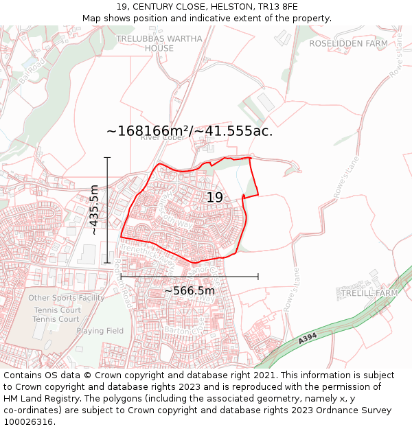 19, CENTURY CLOSE, HELSTON, TR13 8FE: Plot and title map