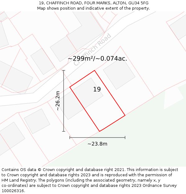 19, CHAFFINCH ROAD, FOUR MARKS, ALTON, GU34 5FG: Plot and title map