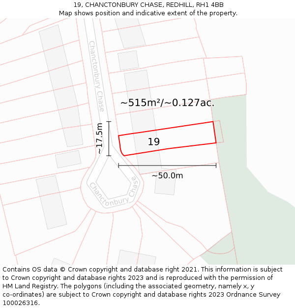 19, CHANCTONBURY CHASE, REDHILL, RH1 4BB: Plot and title map