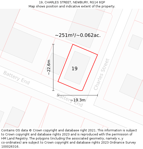 19, CHARLES STREET, NEWBURY, RG14 6QP: Plot and title map